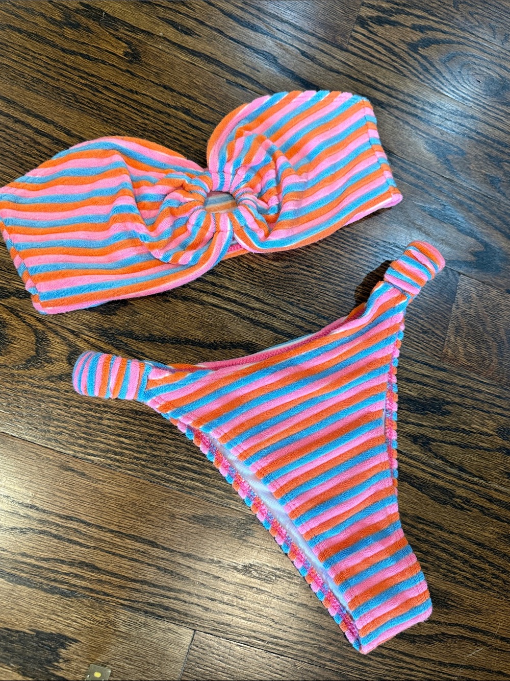 Pink, Orange, Blue Multi Stripe 'Terry' Ring-Front Strapless Bikini Bandeau Set
